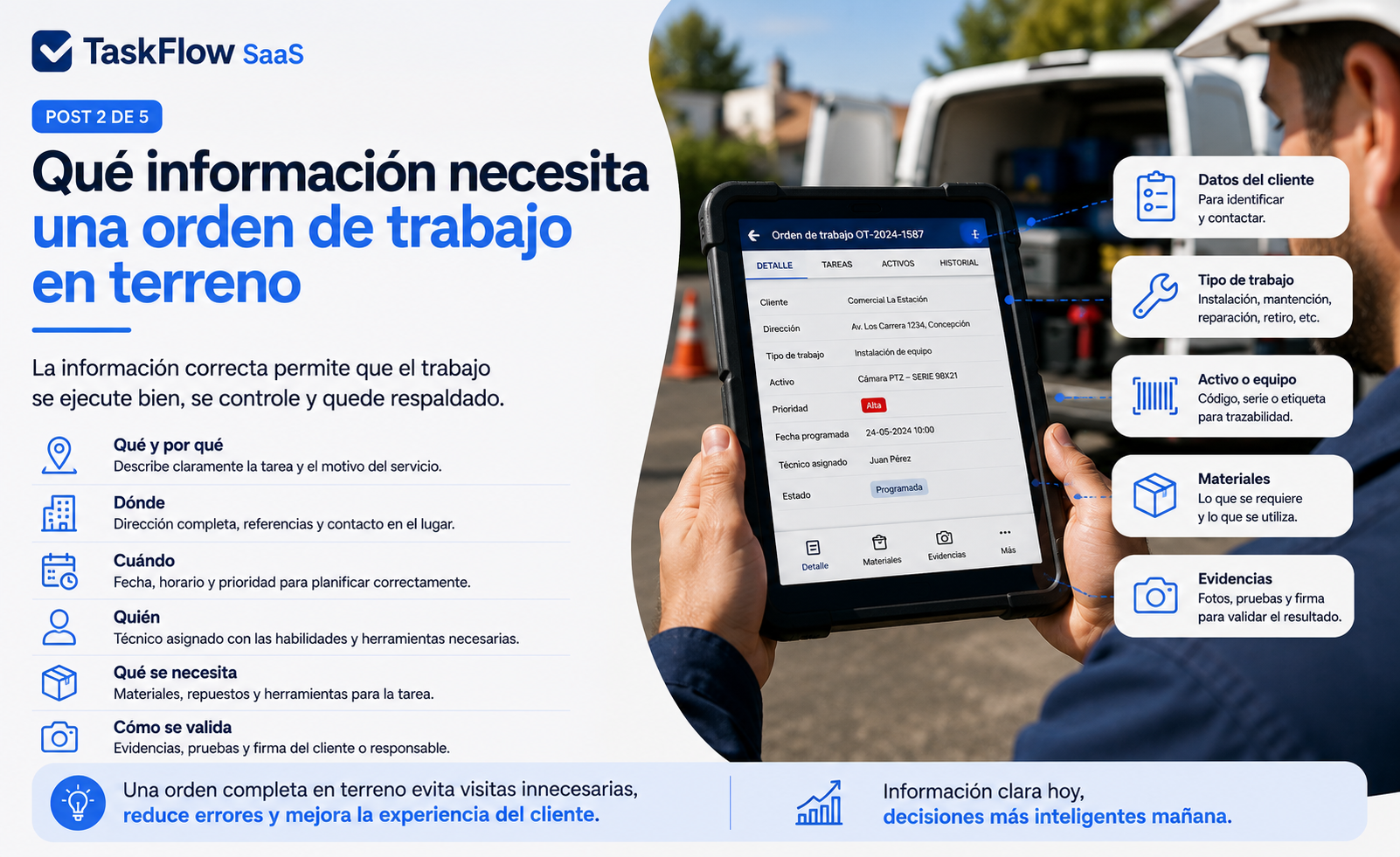 Qué información debe contener una orden de trabajo en terreno